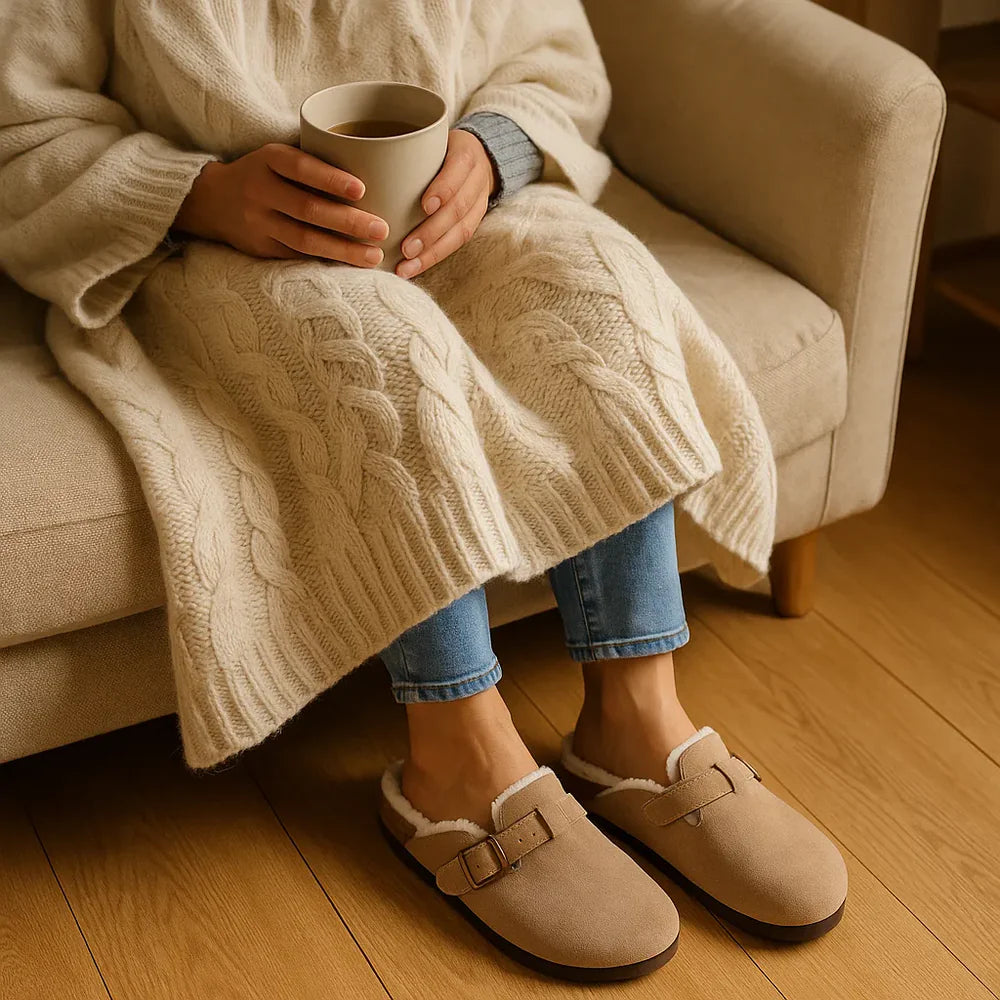 Pantuflas Clogs Fuzzy en Gamuza con Corderito